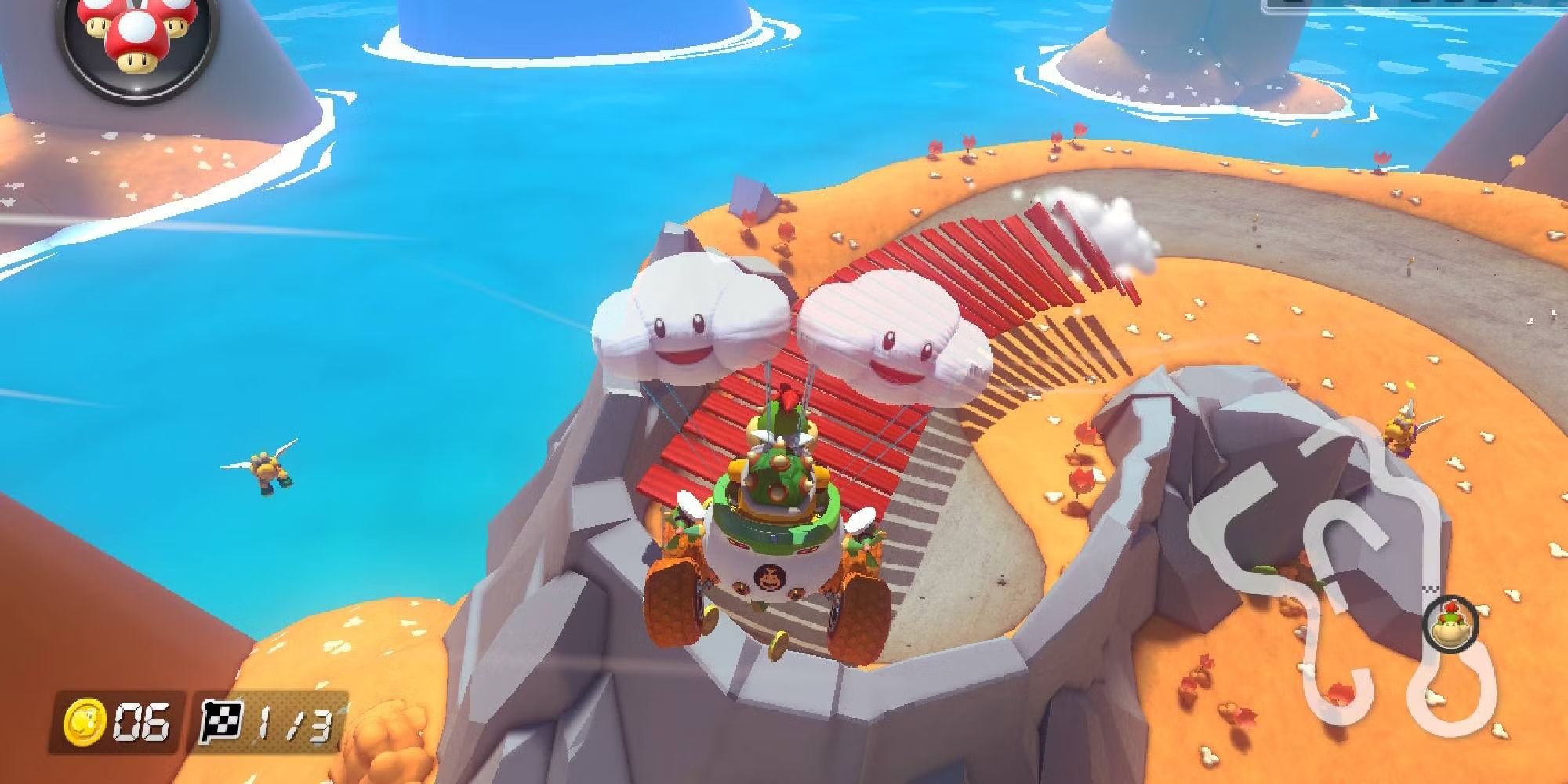 Bowser Jr paragliding onto a red staircase on Yoshi's Island