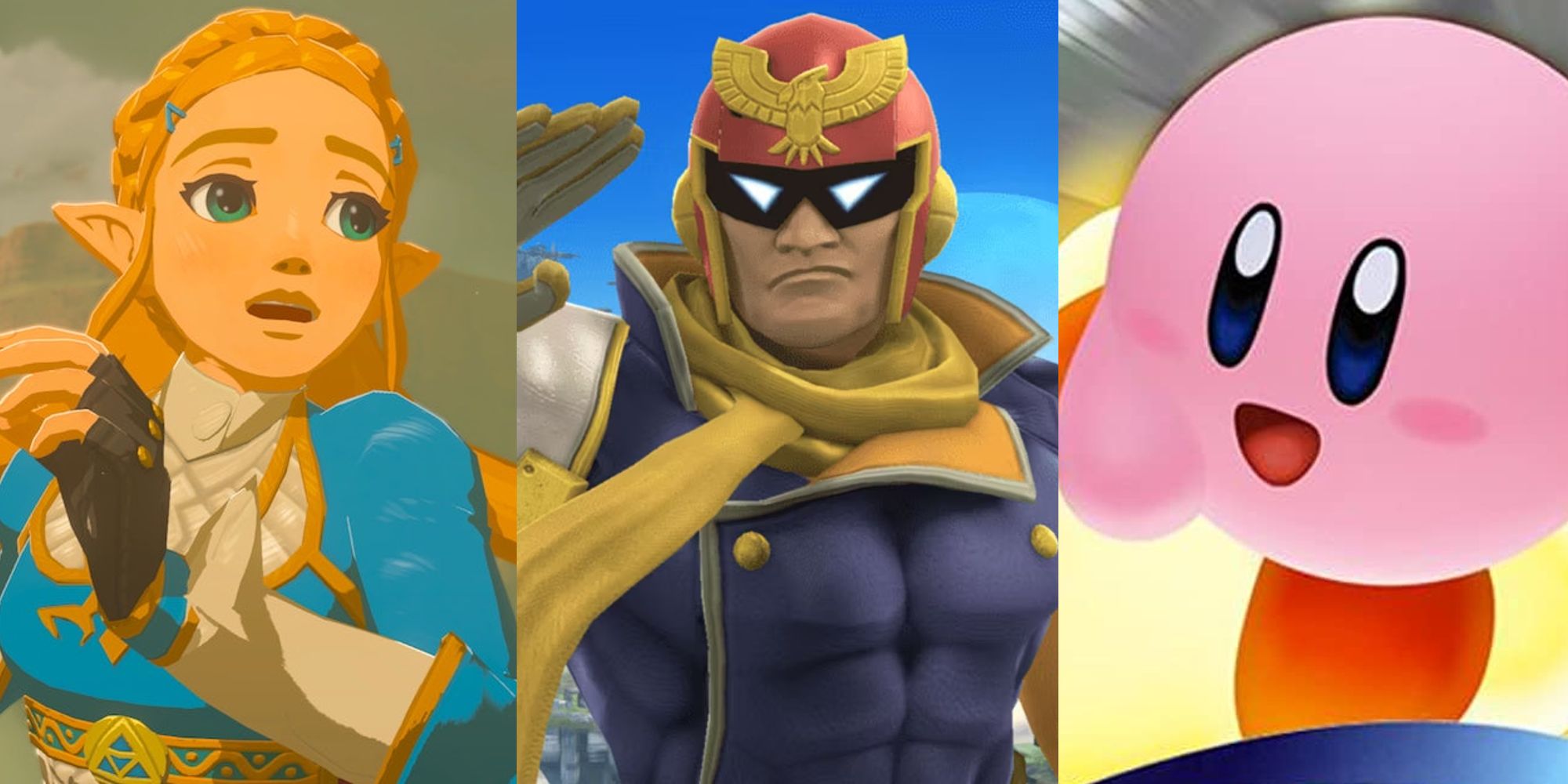 Zelda running; Captain Falcon saluting; Kirby riding a Warp Star