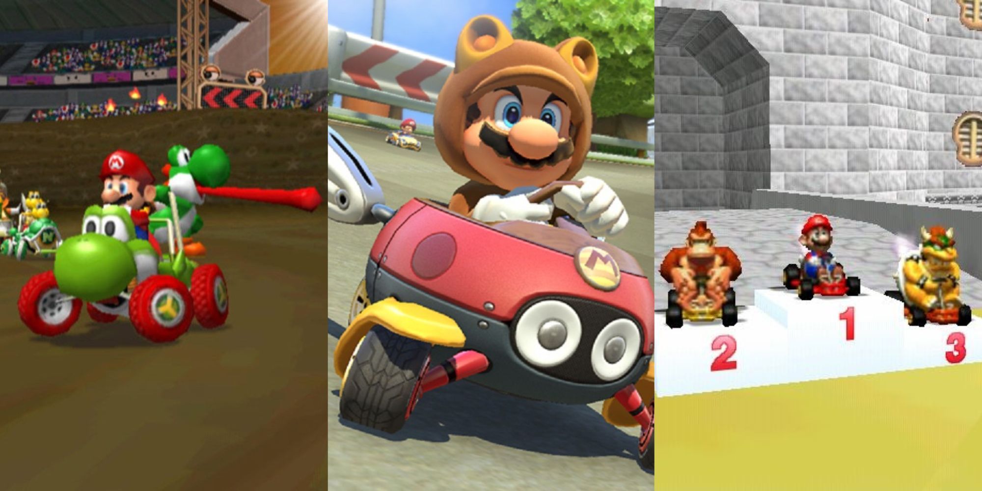 Mario and racing with Yoshi poking tongue out on dirt track, Tanooki Mario in ladybird car, and Mario Donkey Kong and Bowser on top three podium