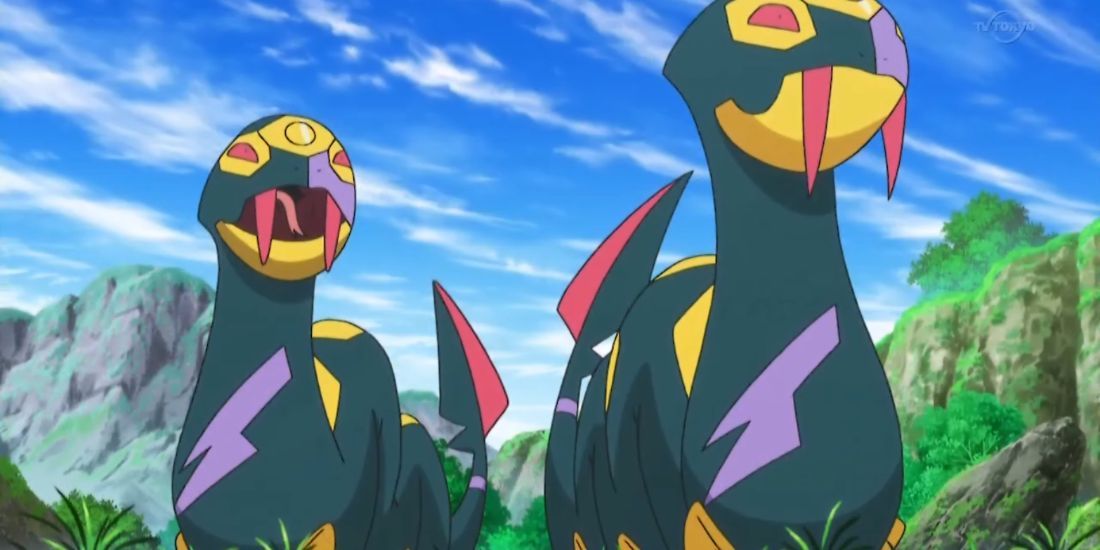 Seviper sticking their snake tongues out in the Pokemon anime.