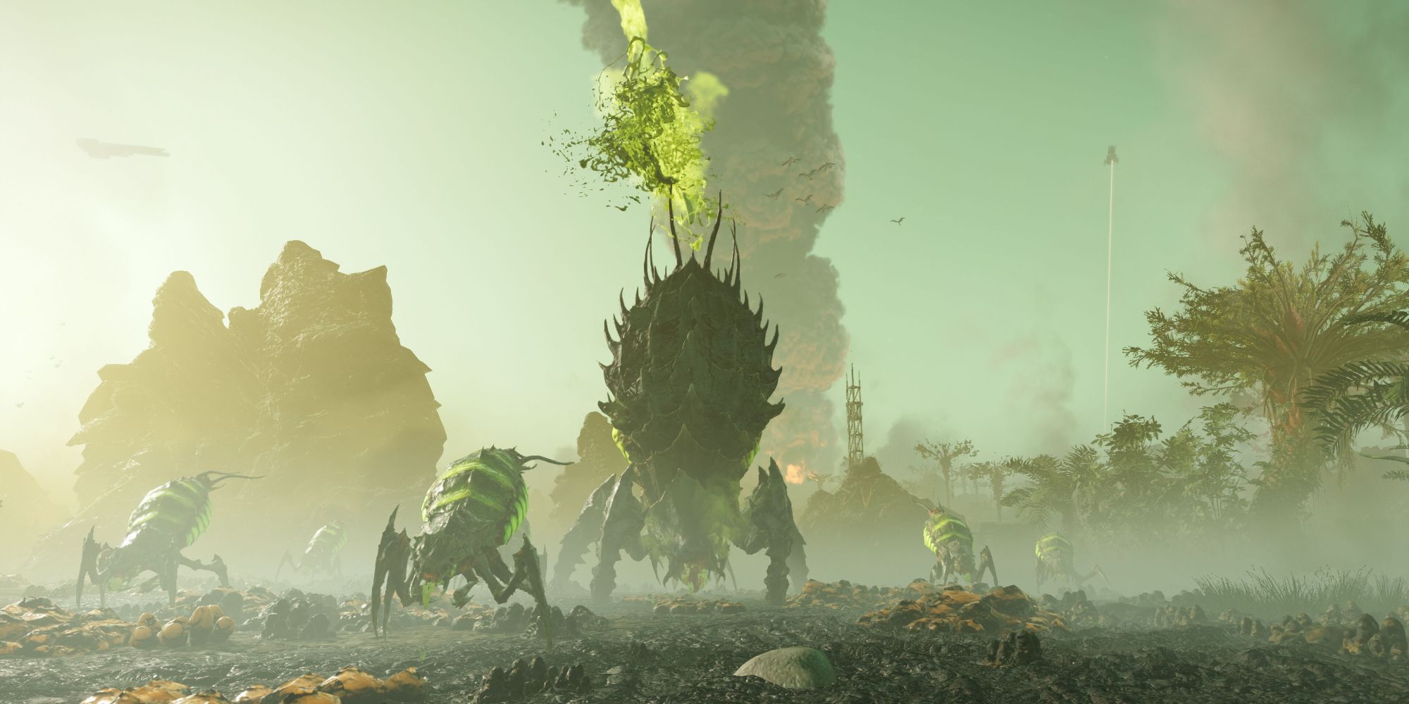 a group of acid terminids, denoted by their green coloring, in helldivers 2