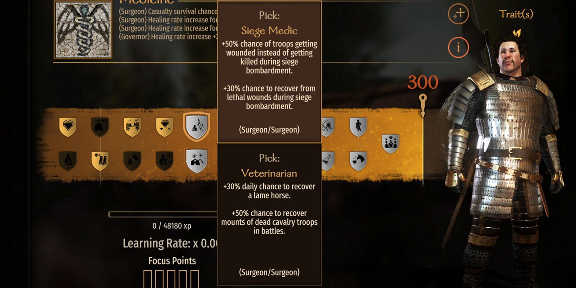 +50% chance of troops getting wounded instead of getting killed during siege bombardment. +30% chance to recover from lethal wounds during siege bombardment.