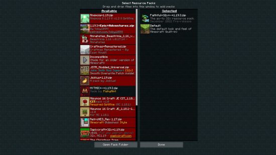 Best Minecraft texture packs: The resource packs selection screen in Minecraft.