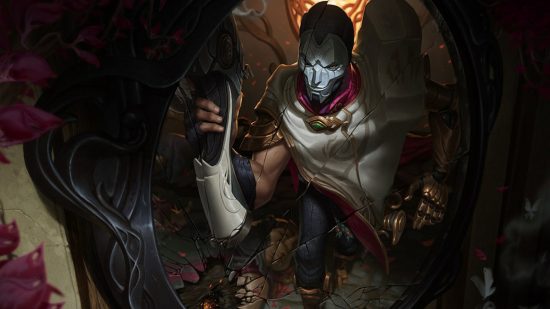 Best lol champions: a masked man holding a gun looking at a broken mirror.