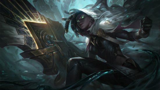 League of Legends tier list: a woman shrouded in shadow, holding a huge gun.