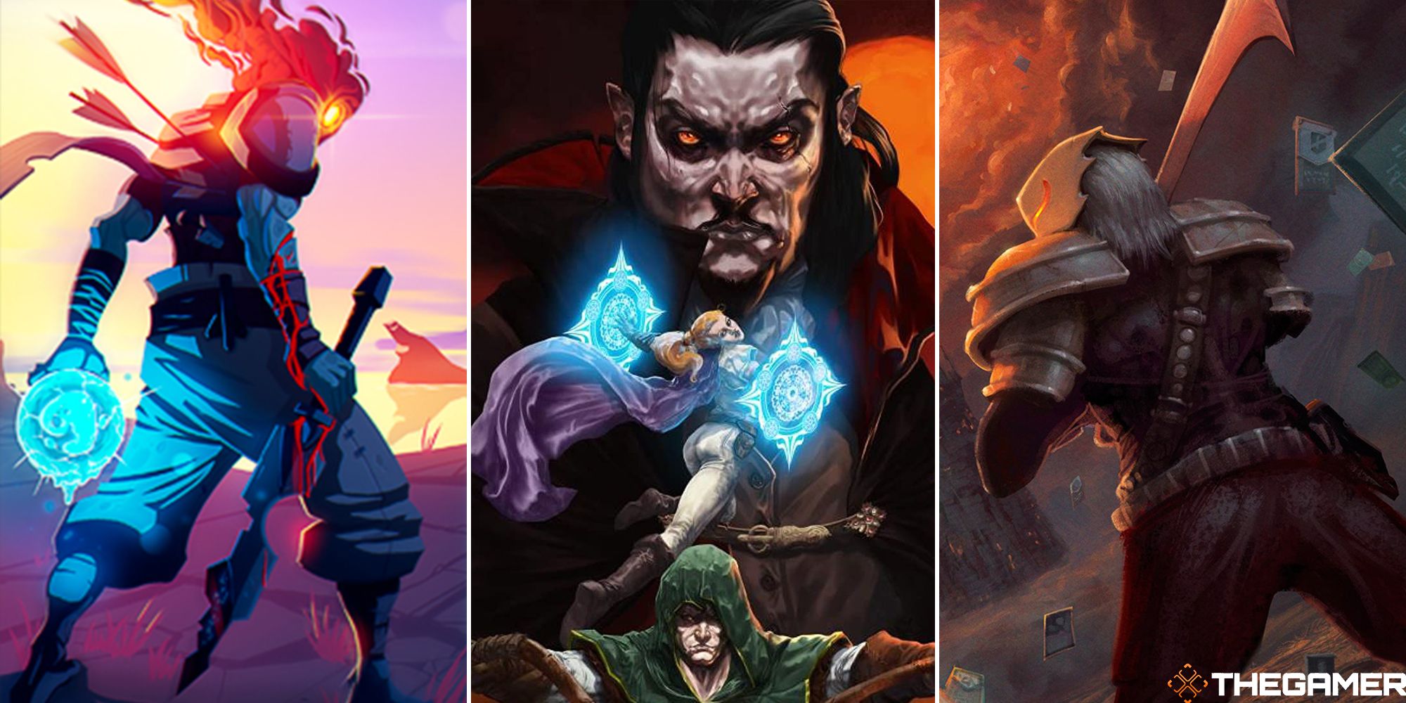 rougelike mobile games split image: dead cells, vampire survivors, and slay the spire