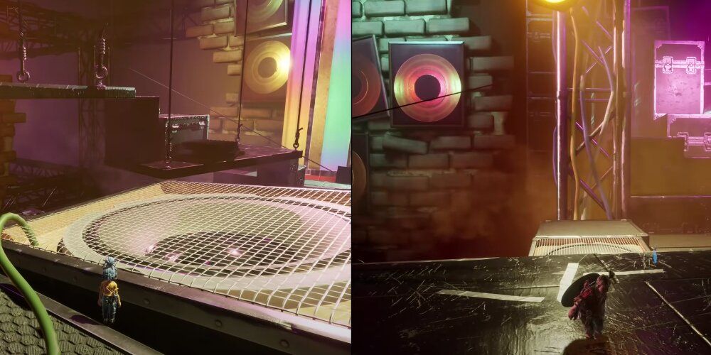 A Split Screen Screenshot Of It Takes Two Game Play Showing May and Cody In The Attic Level.