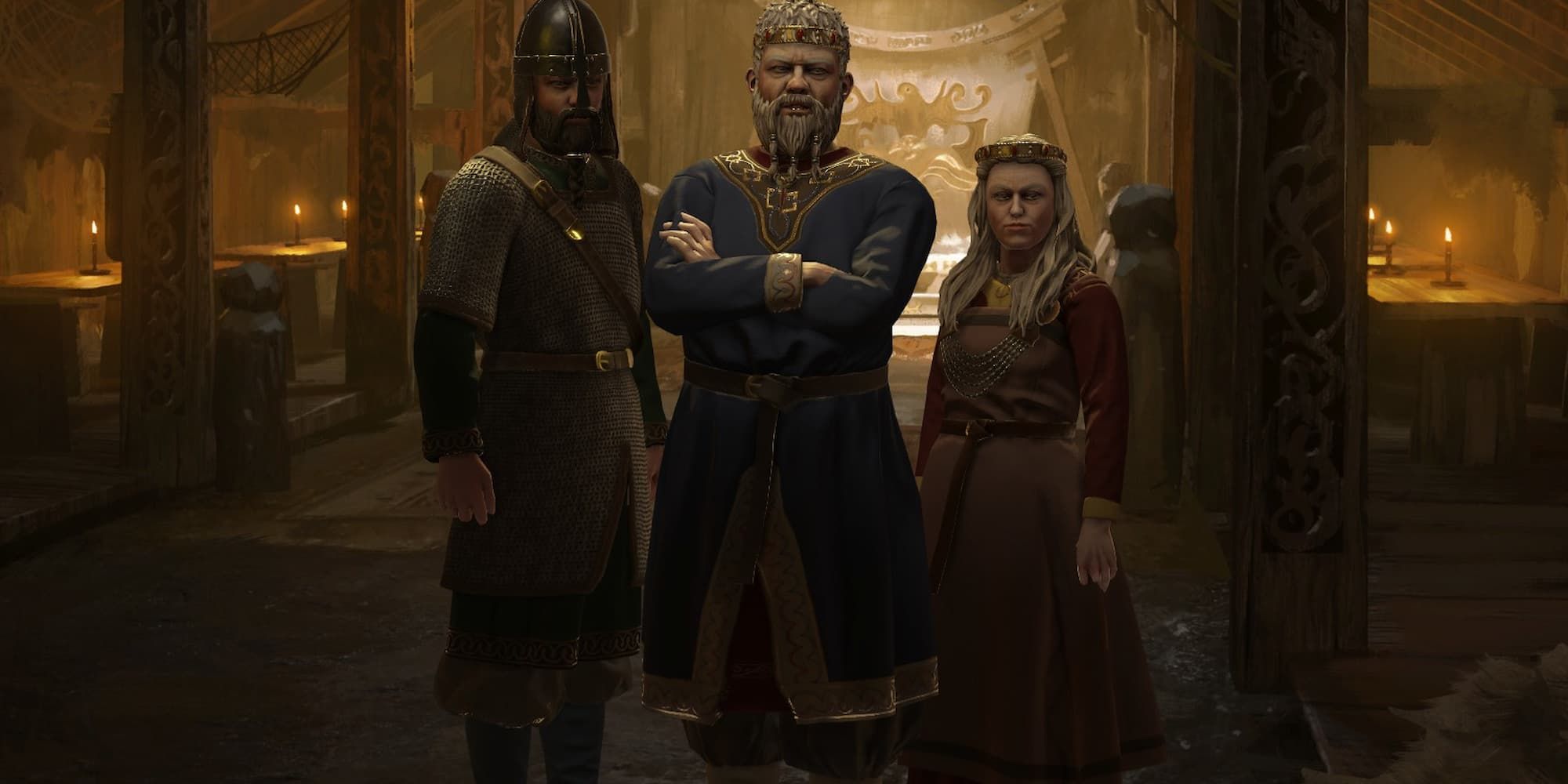 A king stands with his son and wife in Crusader Kings.