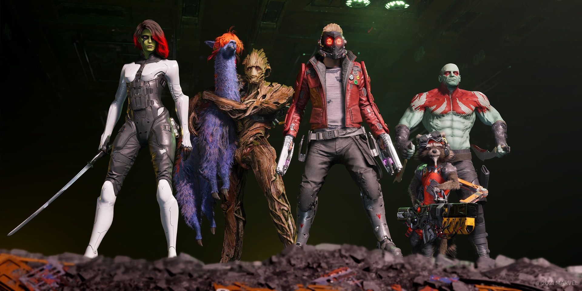 A screenshot showing Gamora, Groot, Star-Lord, Rocket and Drax in Marvel's Guardians of the Galaxy.