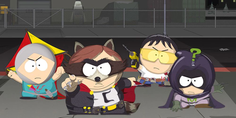 South Park The Fractured But Whole screenshot of Kyle, Cartman, Stan, and Kenny in Superhero outfits.