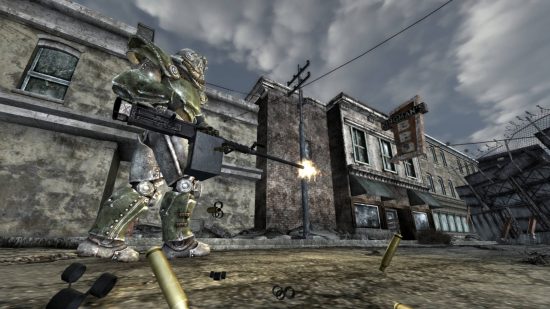 A Brotherhood of Steel acolyte holding a huge machinegun in the Weapons Expanded mod, one of the best Fallout New Vegas mods out there.