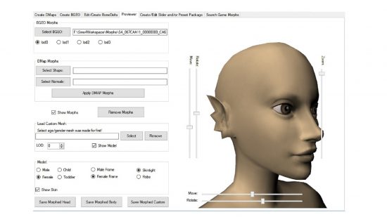 Sims 4 mods: MorphMaker, a head with pointy ears and no hair appears next to a list of detailed customisation options