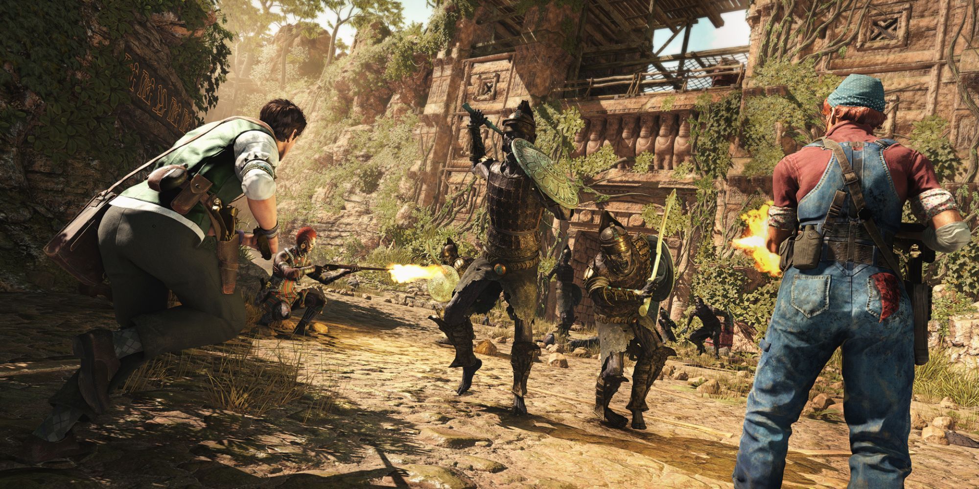 Players defend themselves against enemies outside a temple in Strange Brigade.