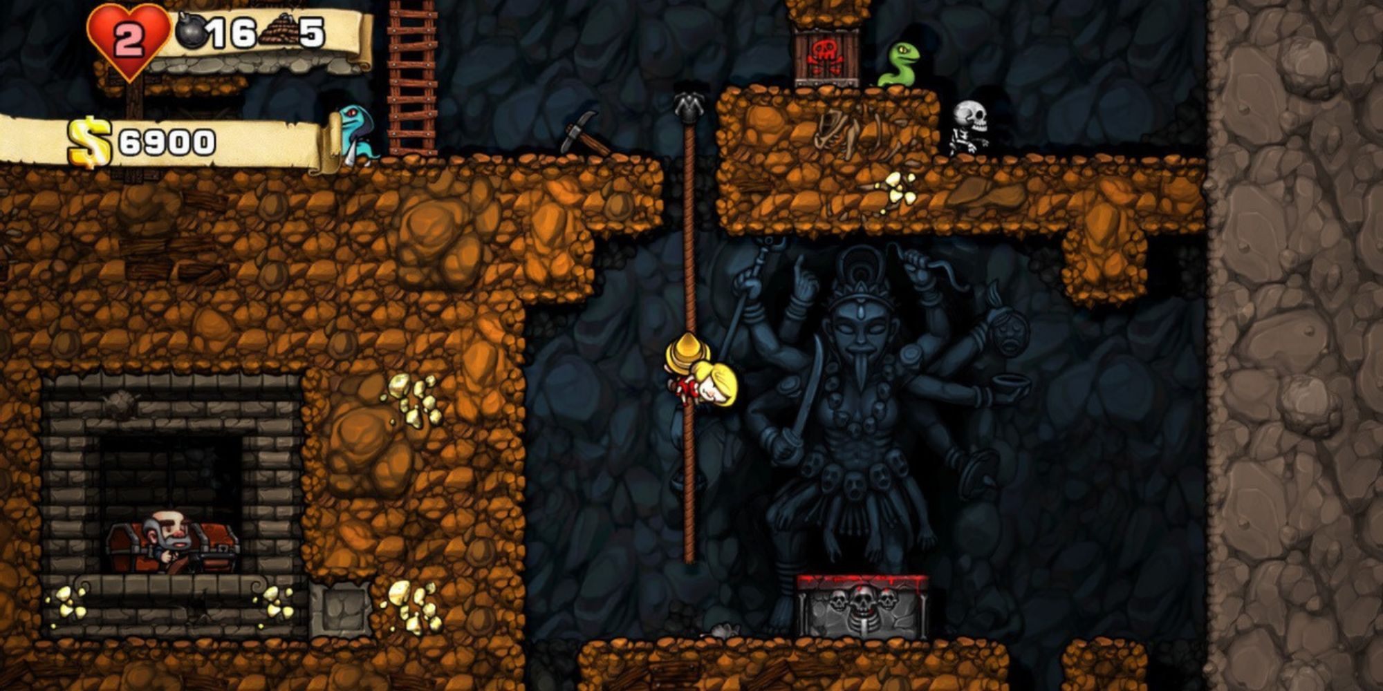 Spelunky carries a Damsel down a rope towards a bloody altar.