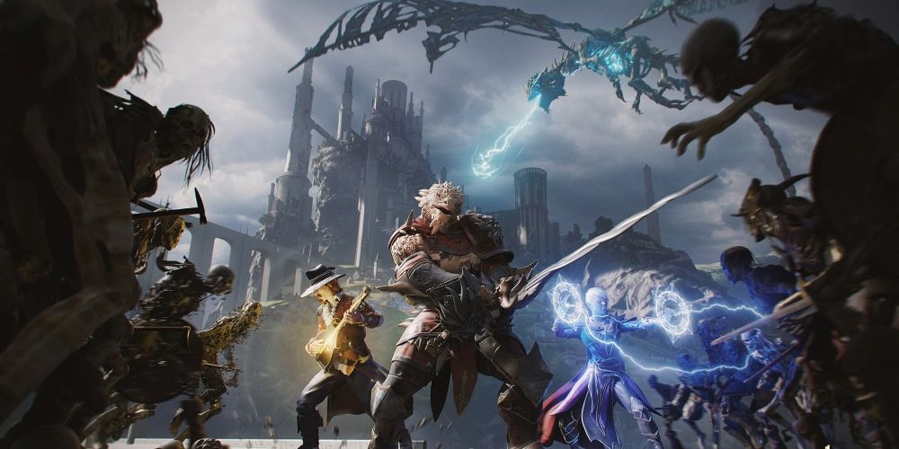 Three characters from Neverwinter using a sword, instrument, and magic to battle undead.