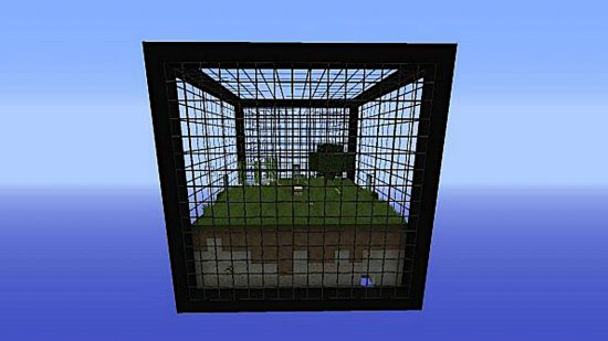 Best Minecraft maps - BiomeBox shows a small bit of land inside a steel cage suspended in the air.