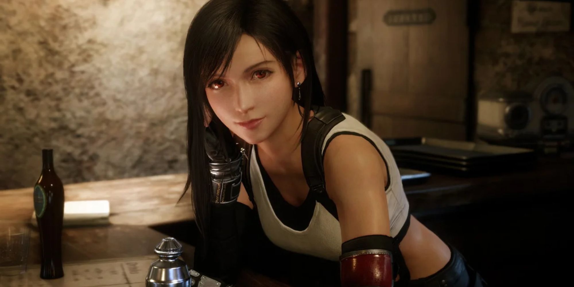 Tifa Lockhart leaning on the bar in FF7 Remake.