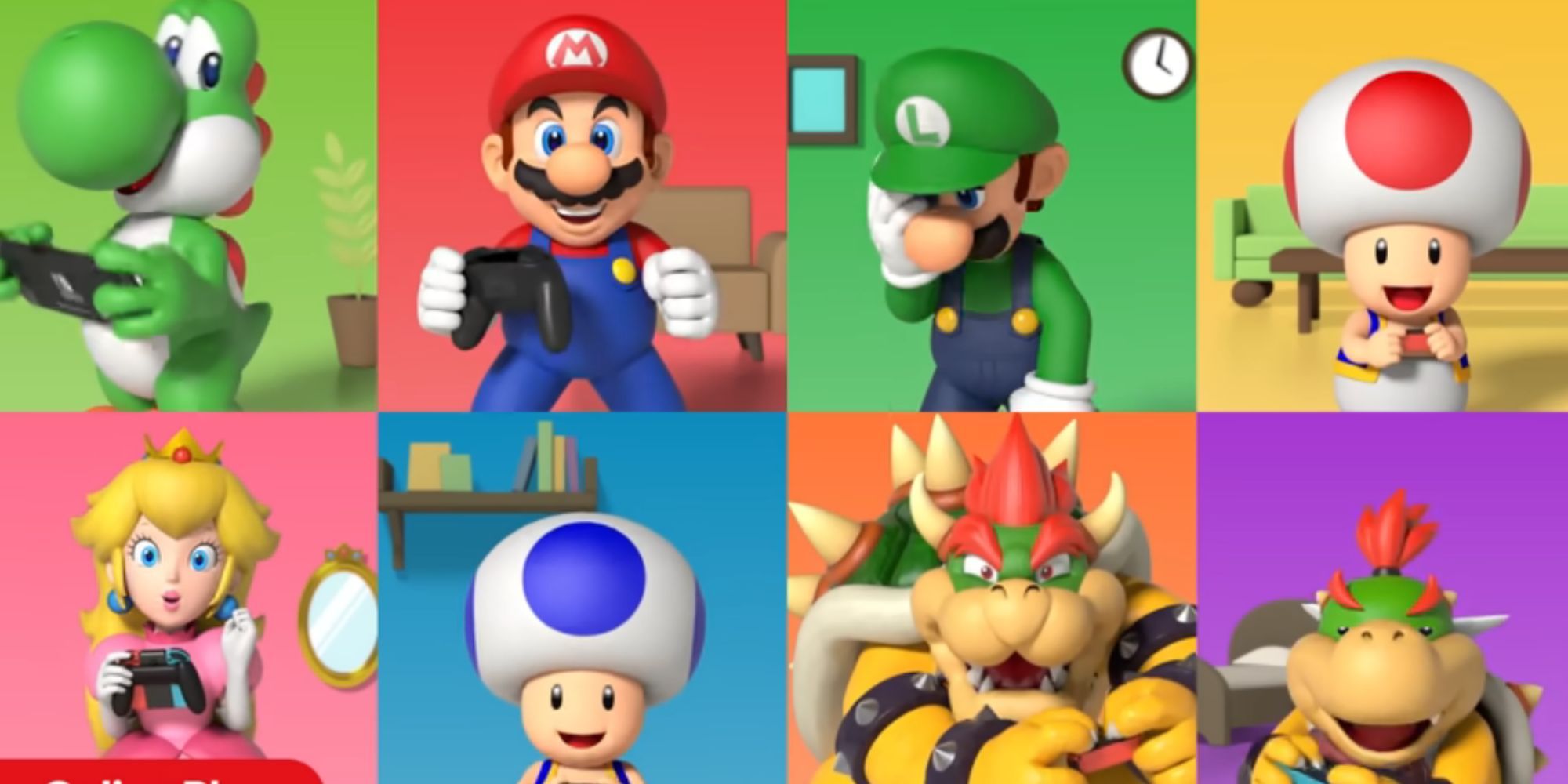 Yoshi, Mario, Luigi, Toad, Peach, Bowser, and Bowser Jr. play Switch together.