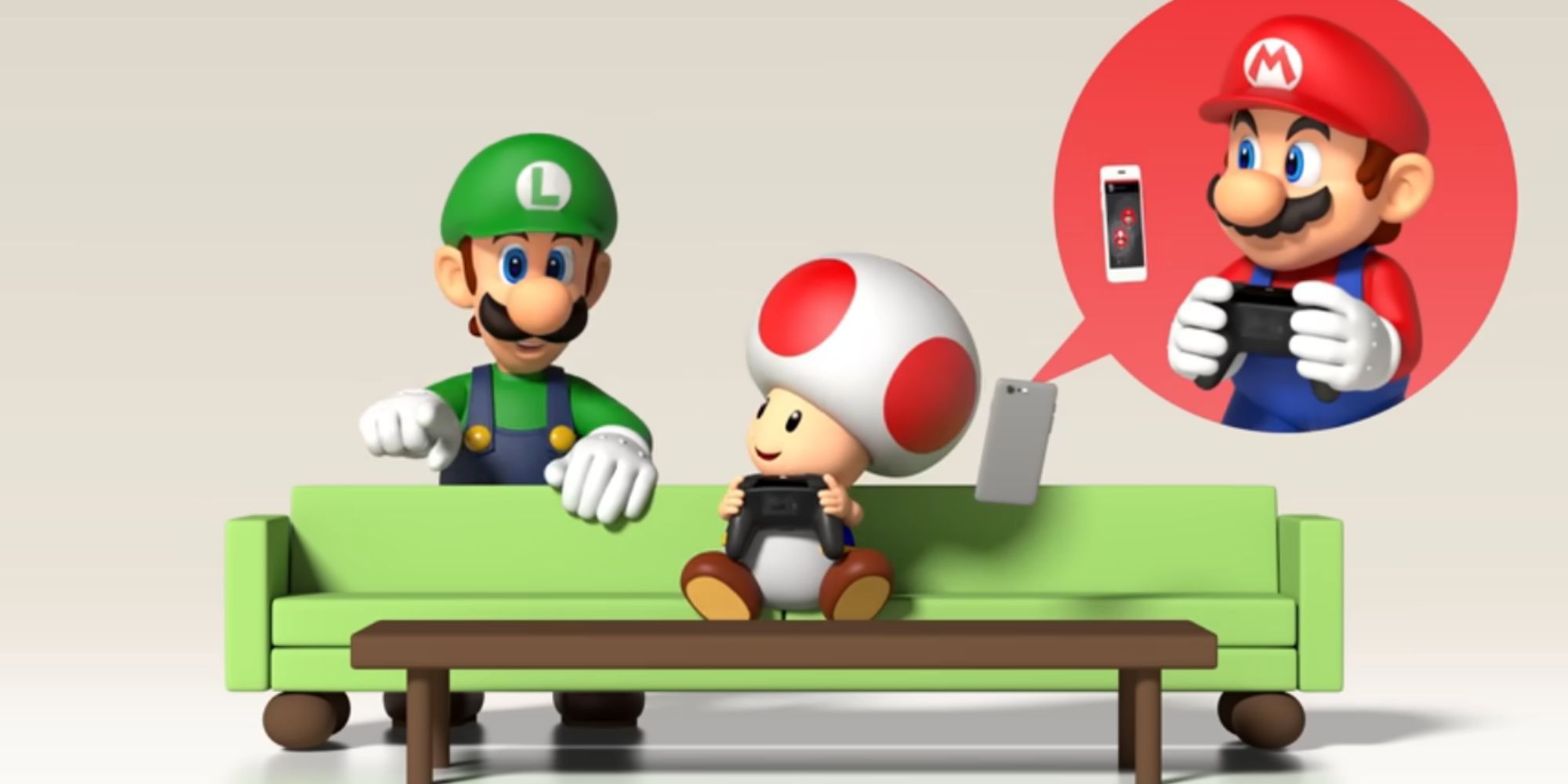 Toad plays Switch with Mario online while Luigi observes from behind a couch.