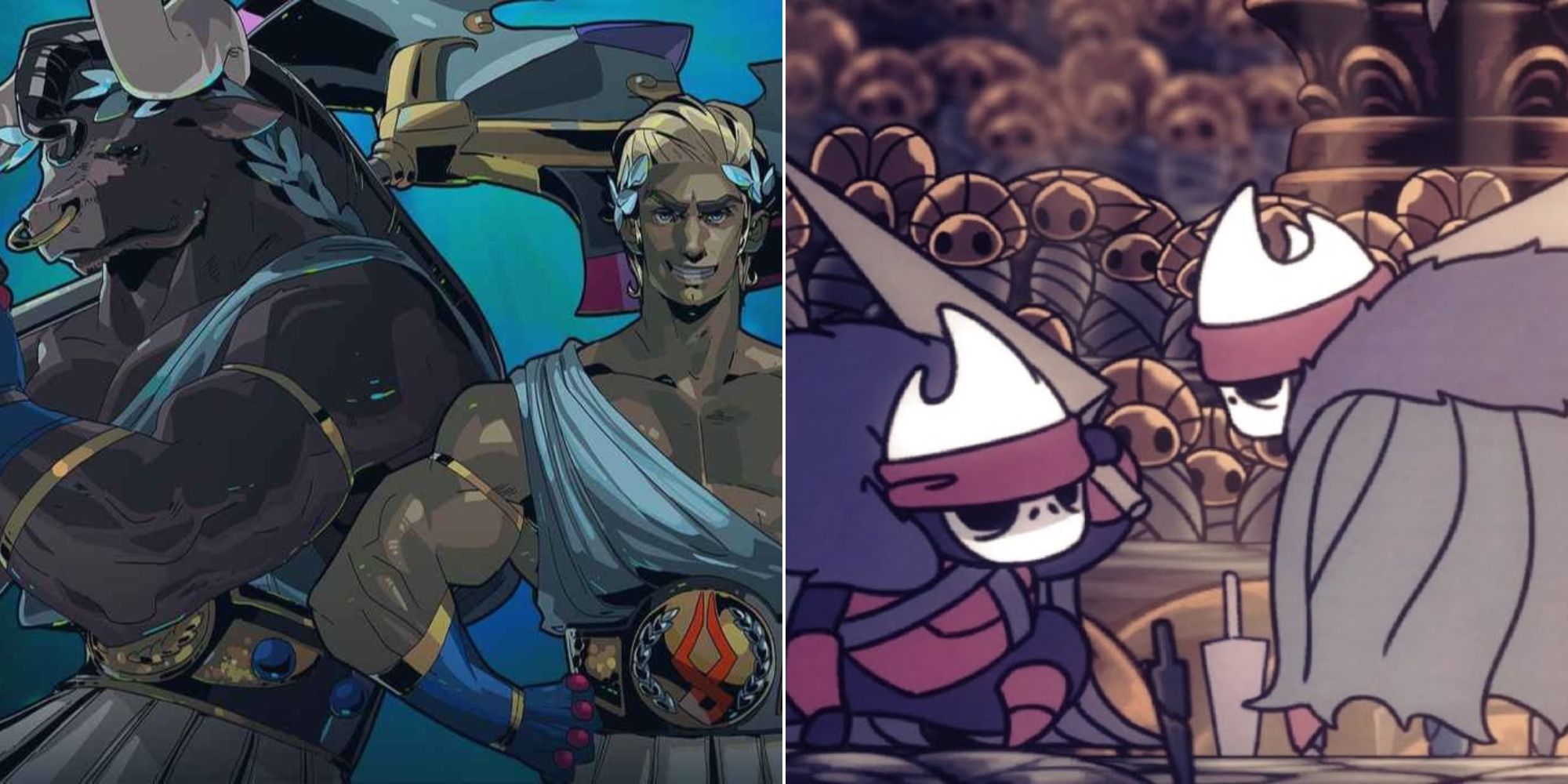 split image of asterius and theseus from hades and brothers oro and mato from hollow knight