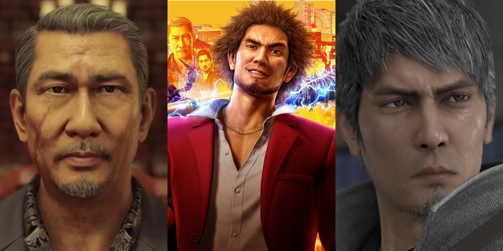 A split image of Masumi Arakawa, Ichiban Kasuga, and Kiryu Kazuma in Yakuza: Like A Dragon and Like A Dragon: Infinite Wealth