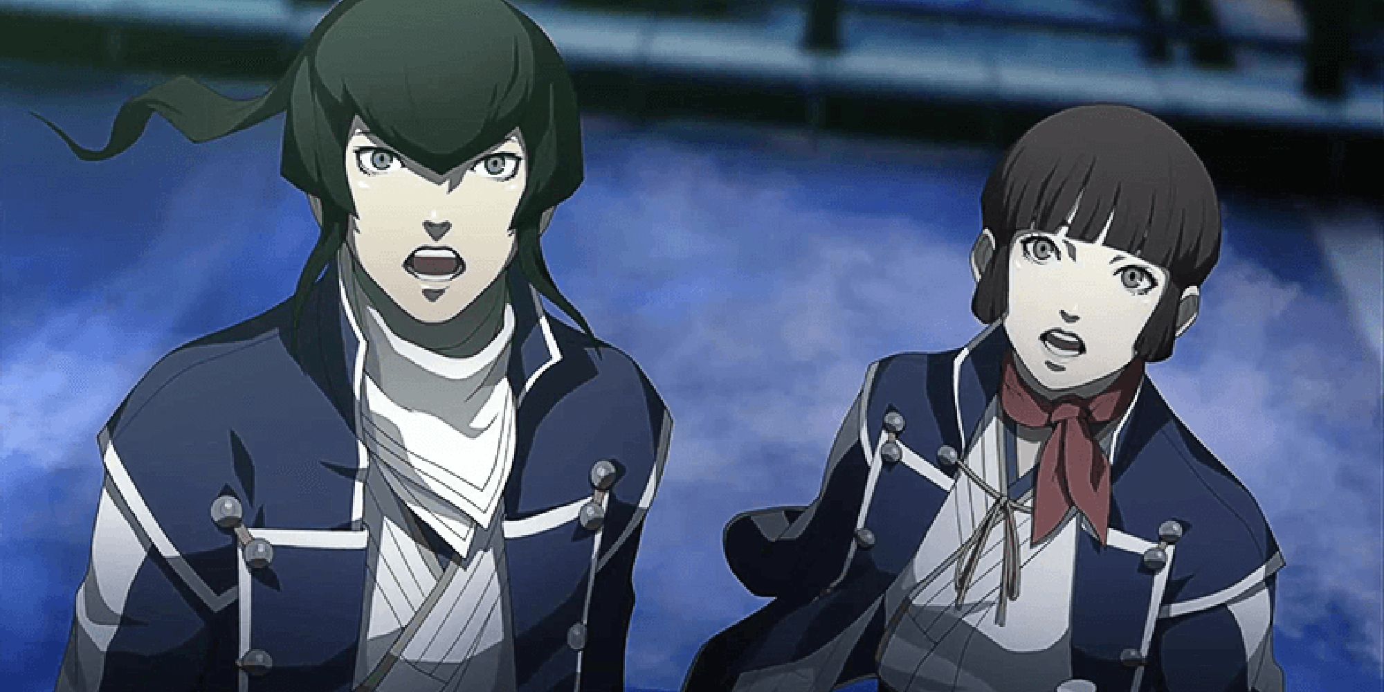 Shin Megami Tensei 4 Isabeau and Flynn looking up shocked.