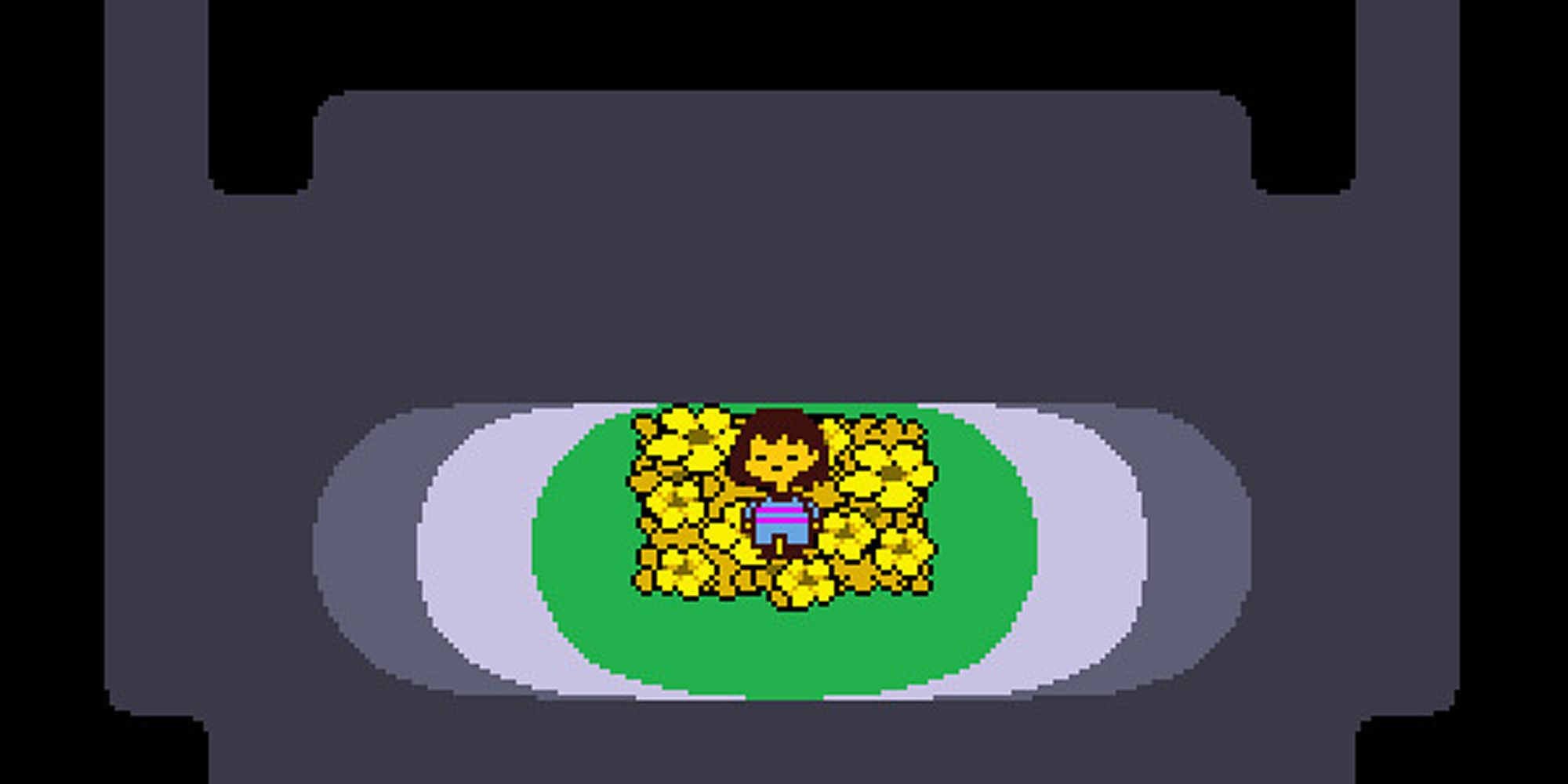 Frisk from Undertale in a bed of flowers underground.