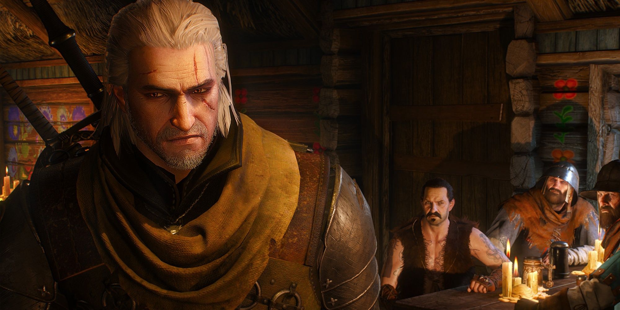 Witcher 3 Geralt in the bar with three other characters glaring at him in the background.