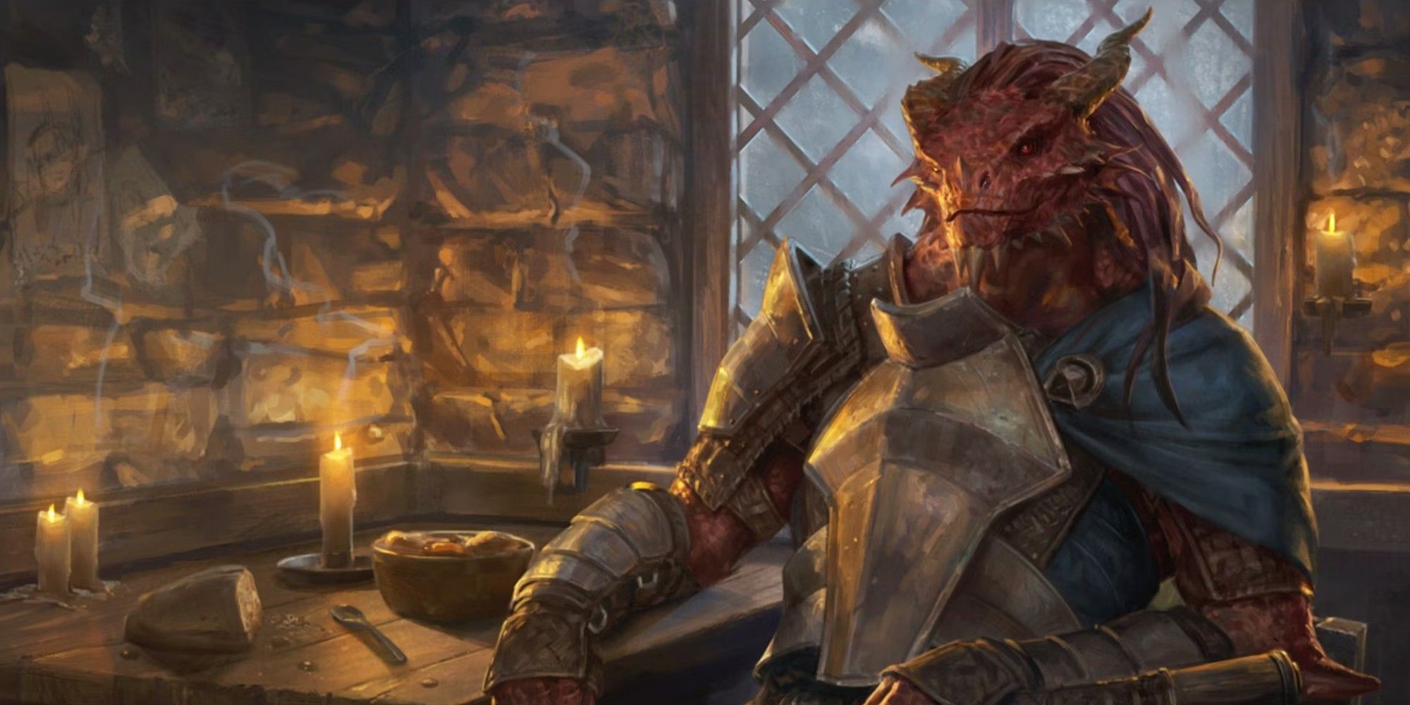 Jaded Sell-Sword by Randy Vargas, a red dragonborn hanging out in a tavern.