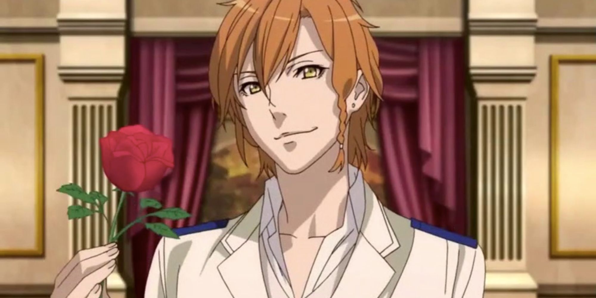 a man with orange hair holds a rose