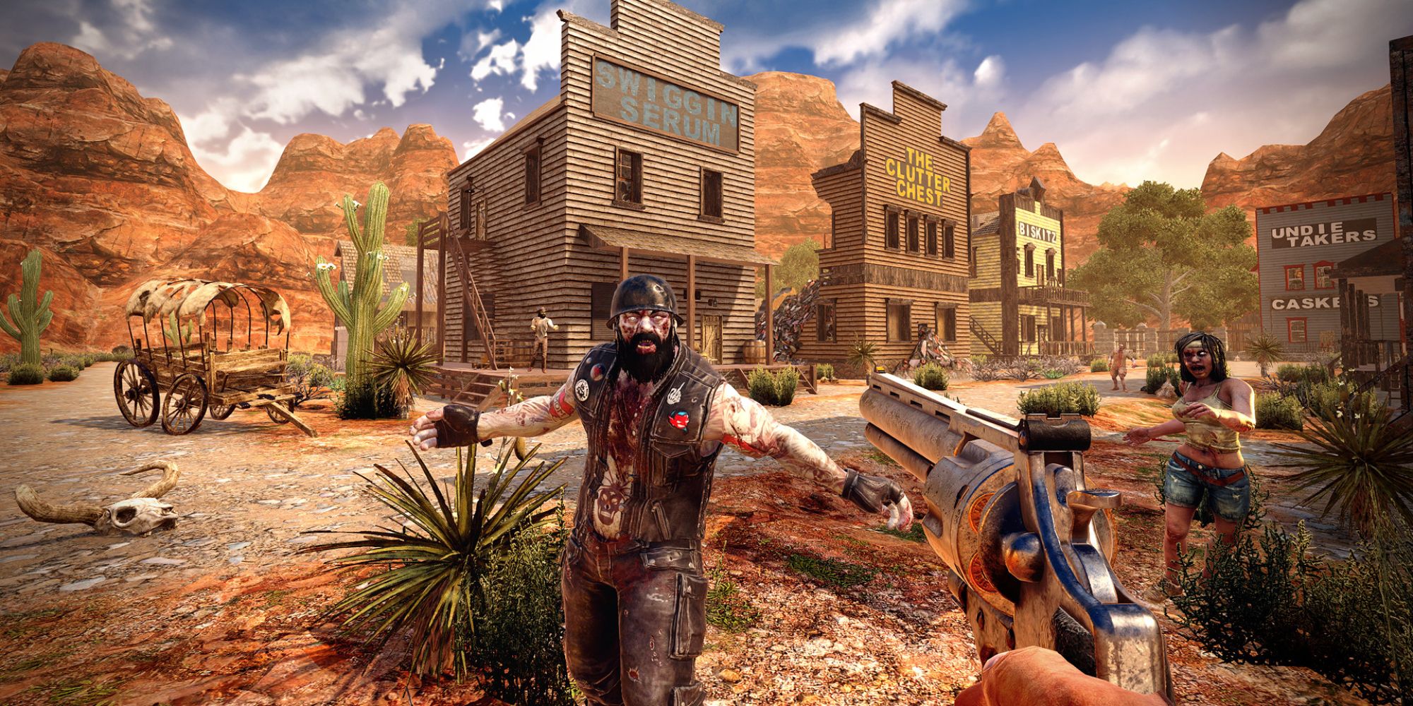 A first-person view of the protagonist of 7 Days to Die aiming a revolver at a zombie in a western town.