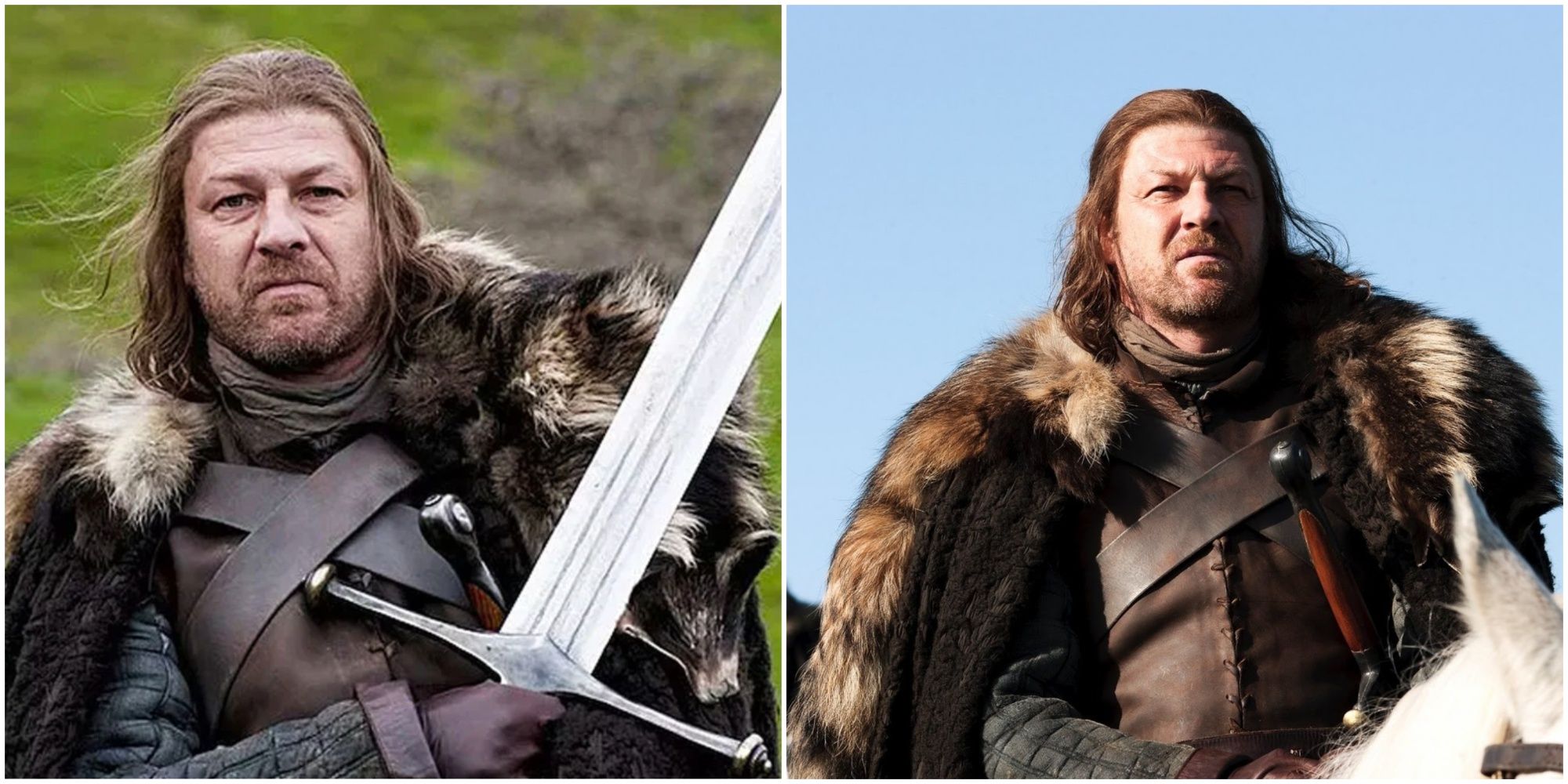 Split image of Ned Stark carrying Ice in Game of Thrones.