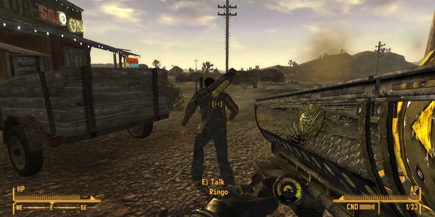 Image from Fallout: New Vegas showing an NPC carrying a Fatman on their back.