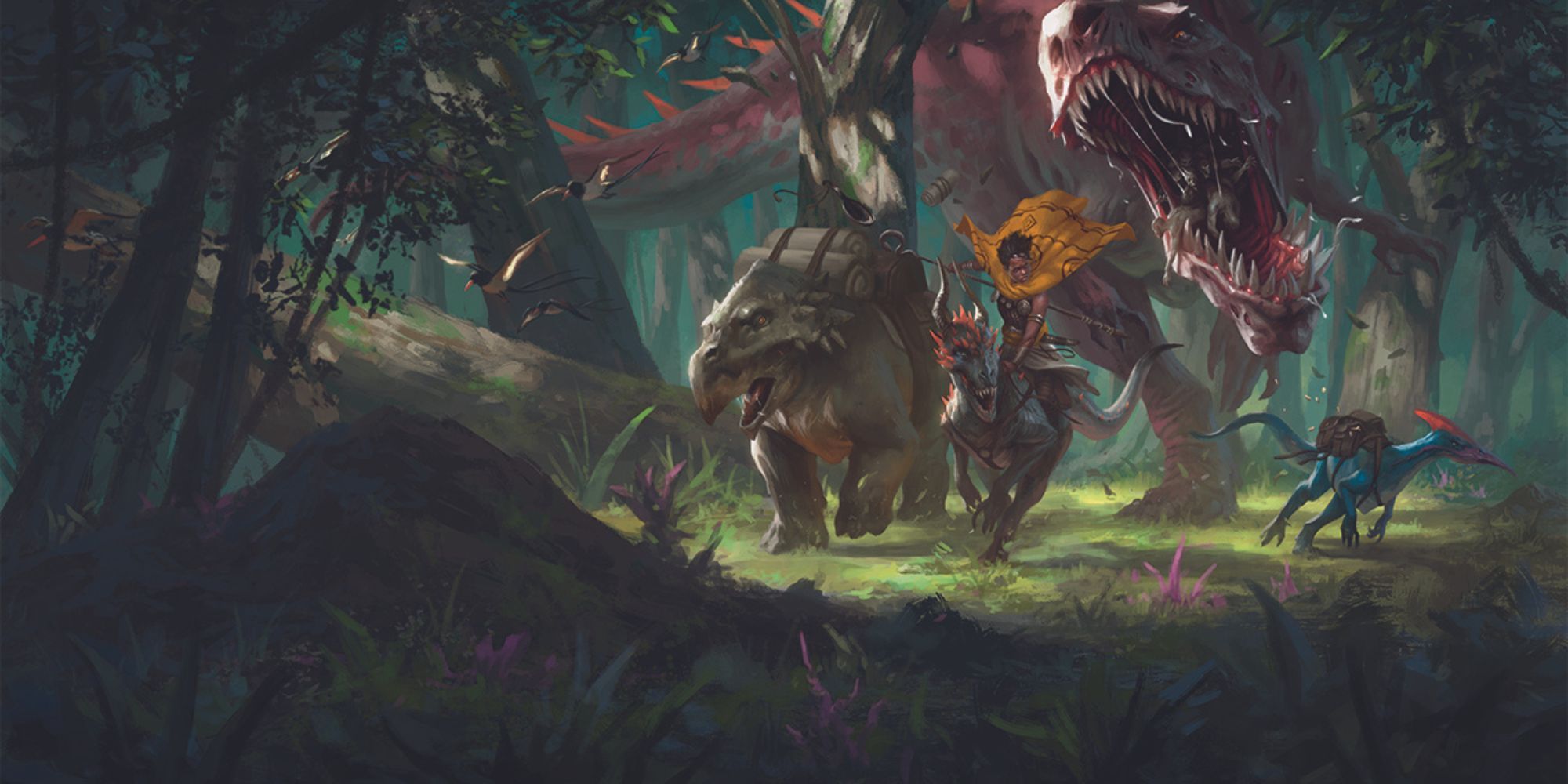 Dungeons & Dragons image showing an adventurer being chased by a t-rex.