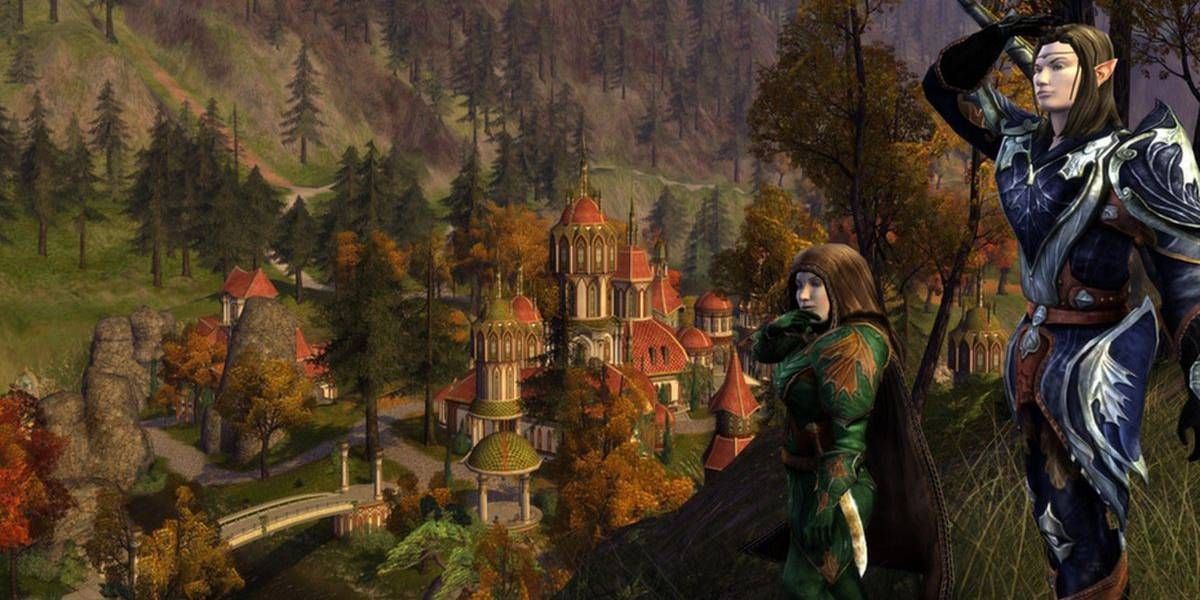 An elf and a dwarf overlook Rivendell in Lord of the Rings Online.