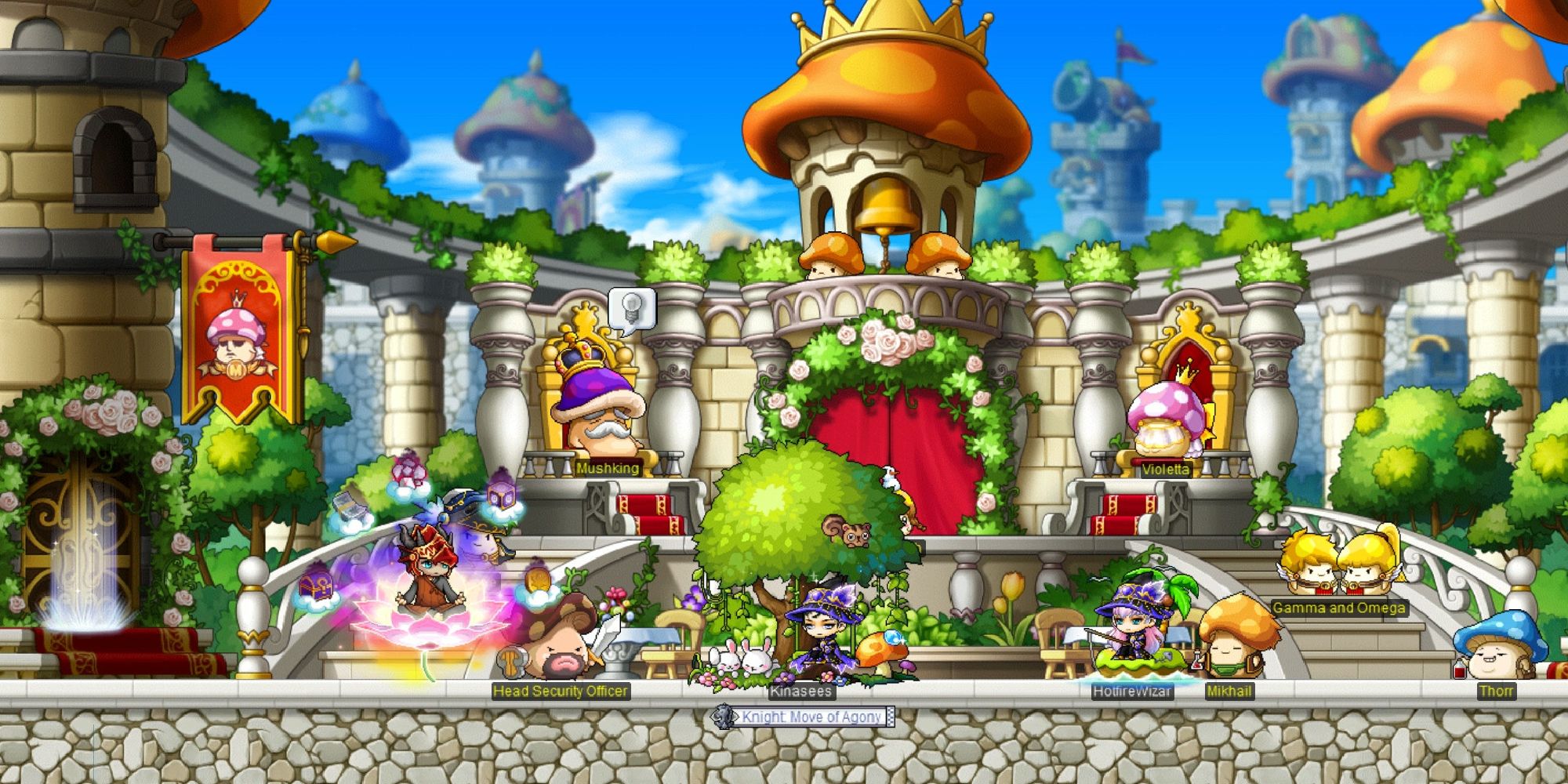 Players in a mushroom kingdom castle in MapleStory.