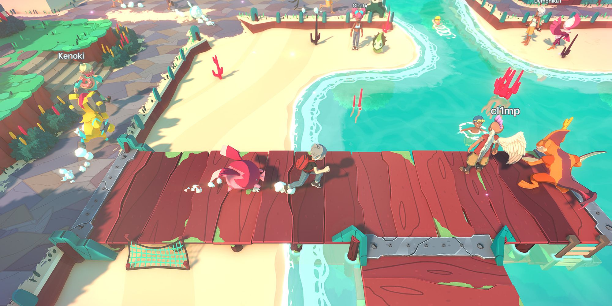 The player runs along an ocean dock in Temtem.