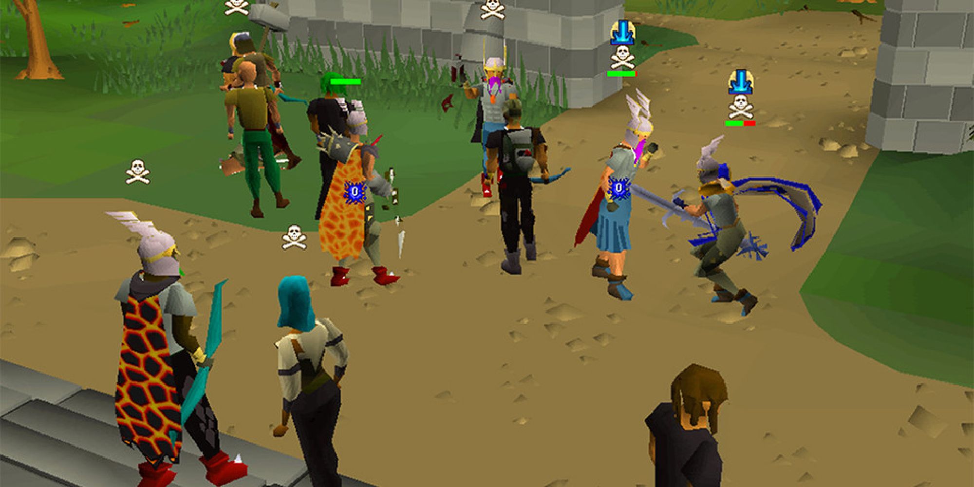 A group of players outside the castle in Old School RuneScape.