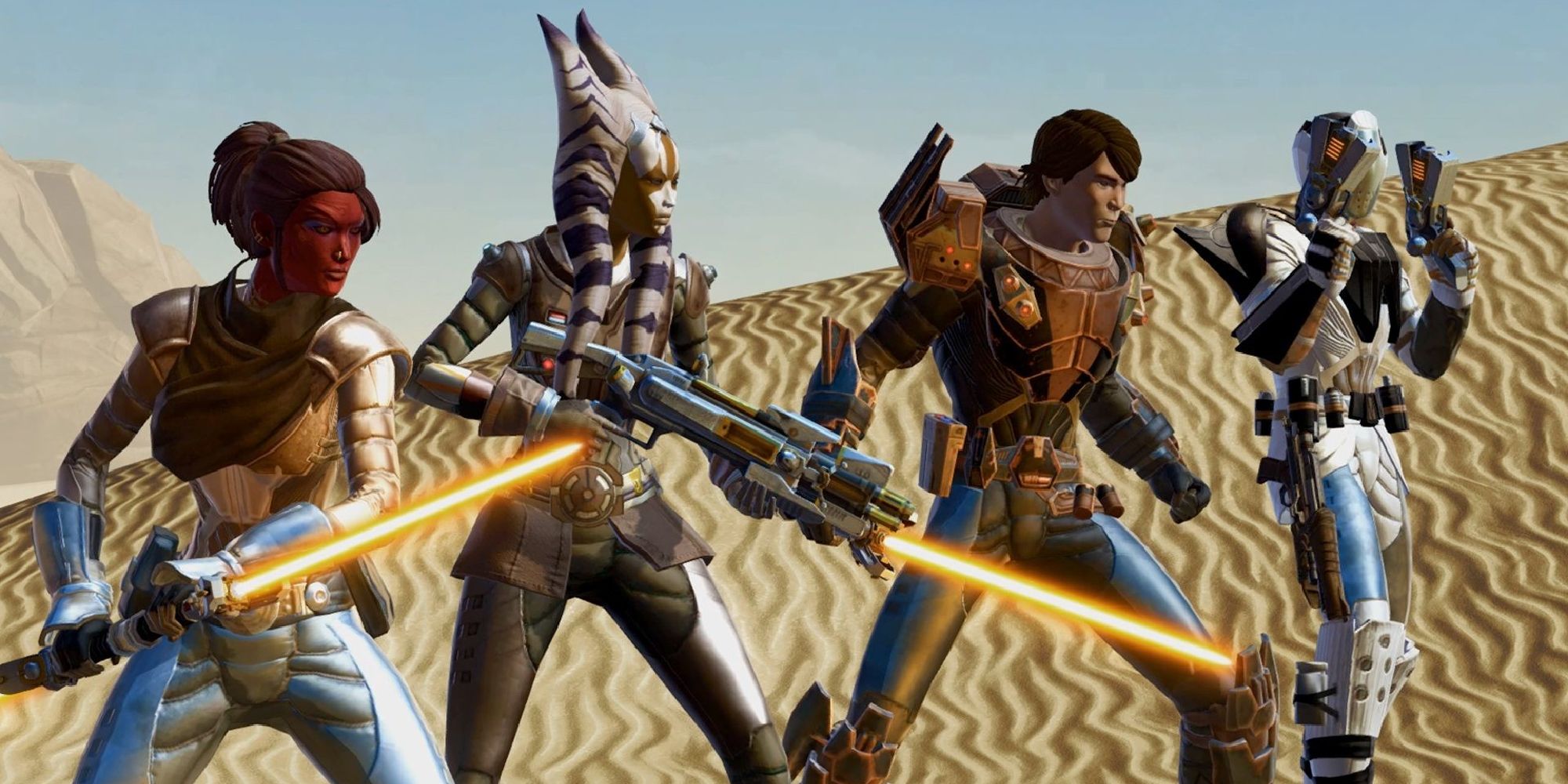 Characters including a Togruta and several humans wielding blasters and lightsabers from Star Wars: The Old Republic.