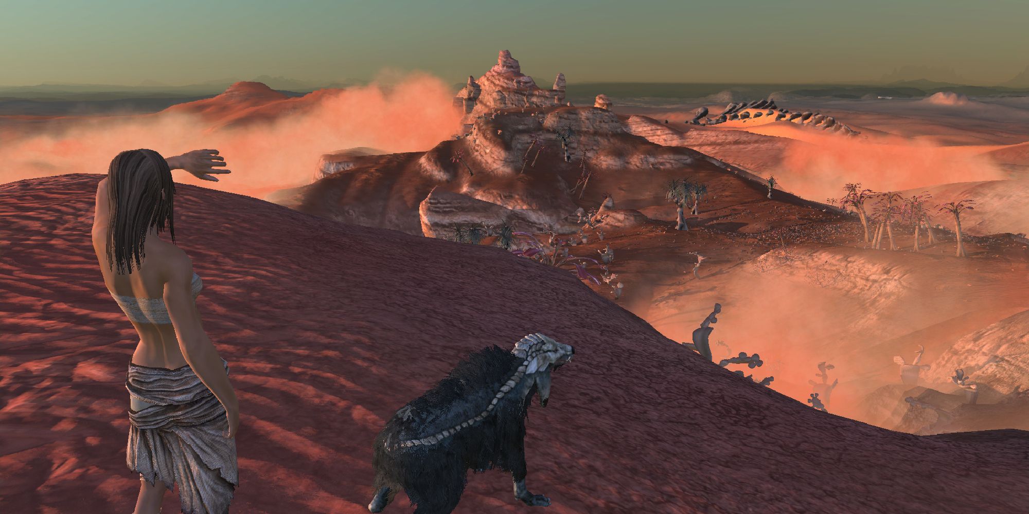 Kenshi promotional image showing player and creature looking to area.