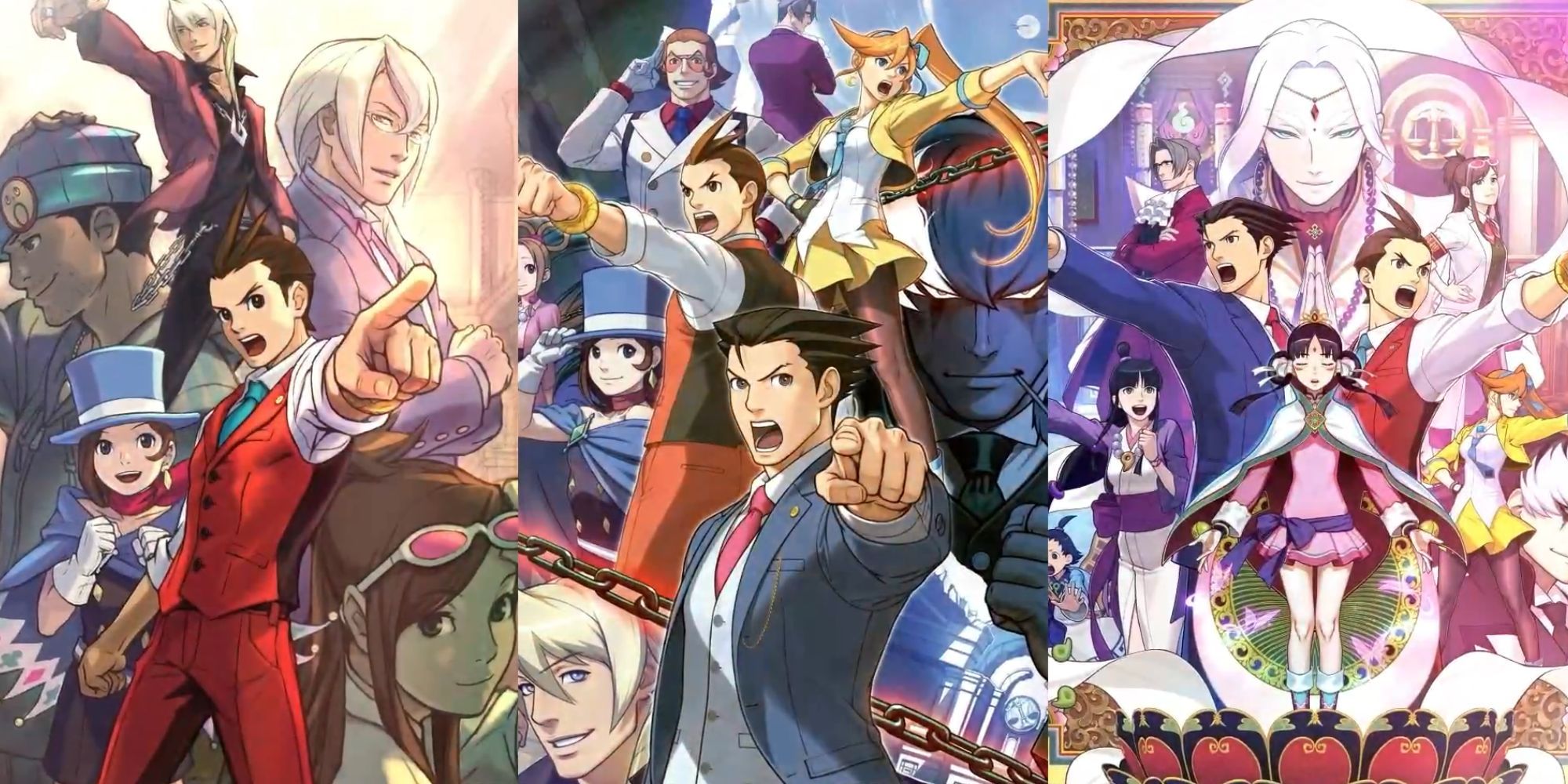 A collage showing the promotional art of three different eras in the Ace Attorney series.