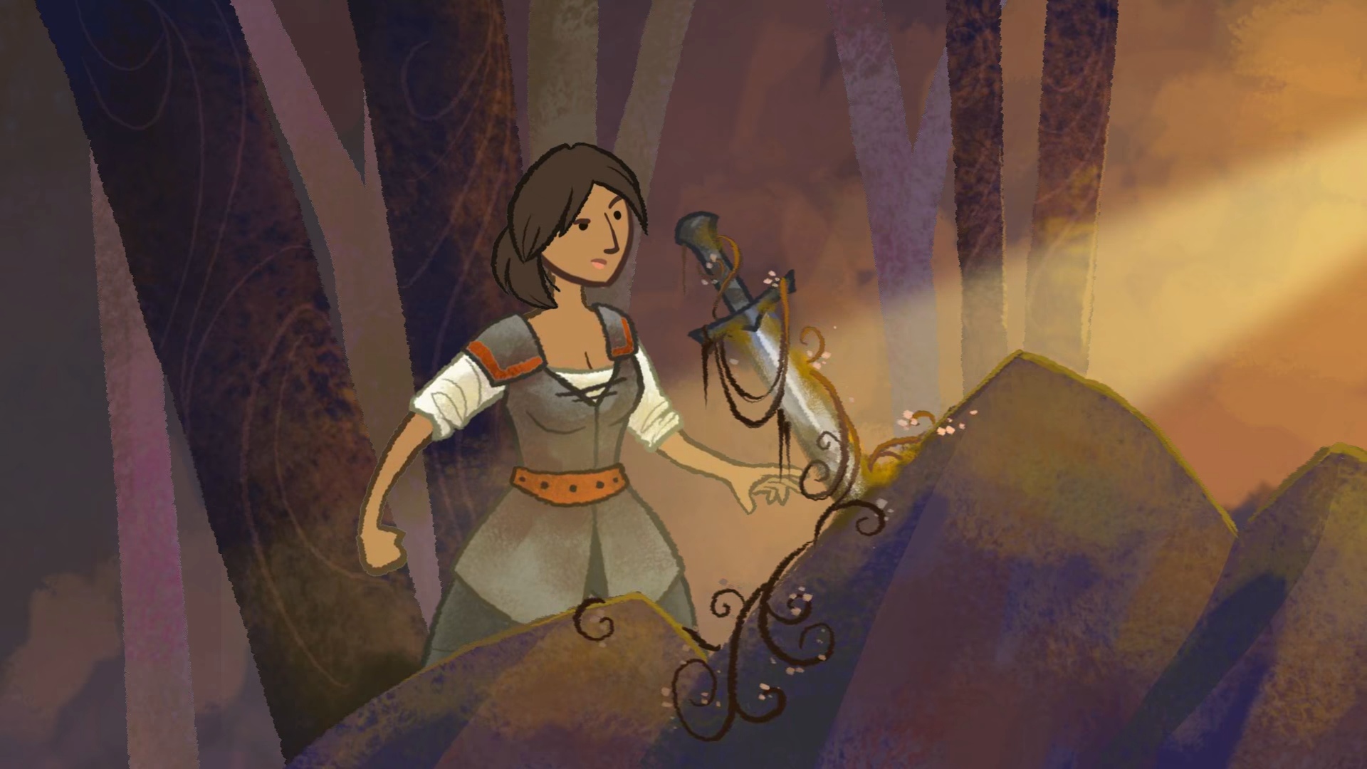 Best indie games: Wildermyth. Image shows a woman in simple leather clothing in a forest; a beam of light shines on a sword covered in ivy embedded in a rock.