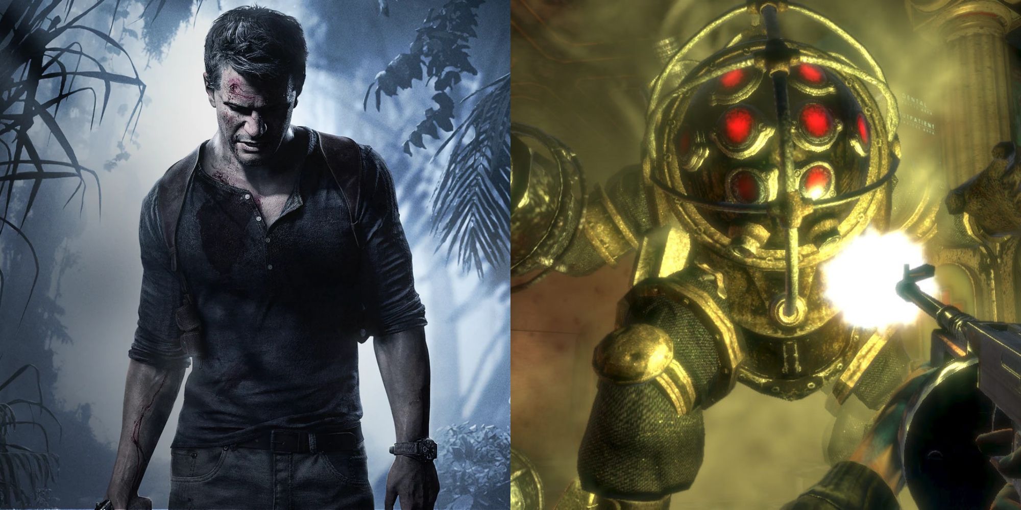 Nathan Drake looking down beside a screenshot from Bio Shock as an enemy attacks the player