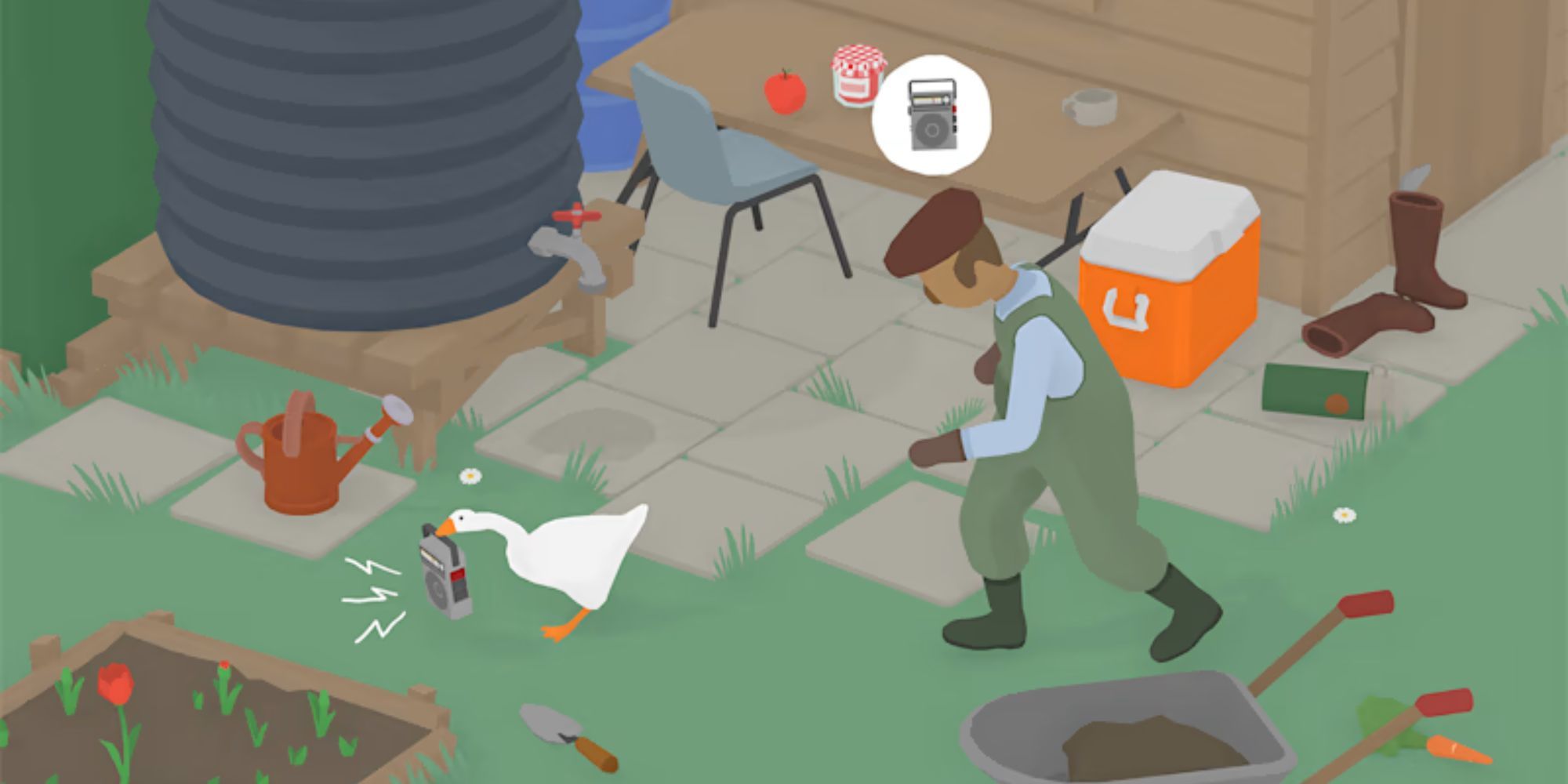 A gardener chases a goose through his garden in Untitled Goose Game.