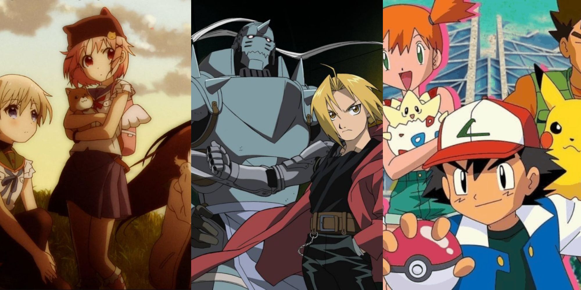 Split image featuring School-Live, Fullmetal Alchemist: Brotherhood and Pokemon.