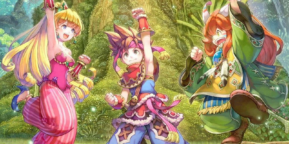 Three of the main characters in Secret of Mana standing in front of a tree.