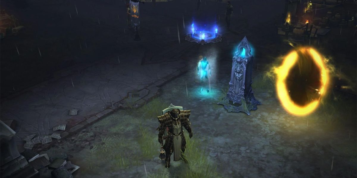 Diablo 3 a player standing next to a portal in town.