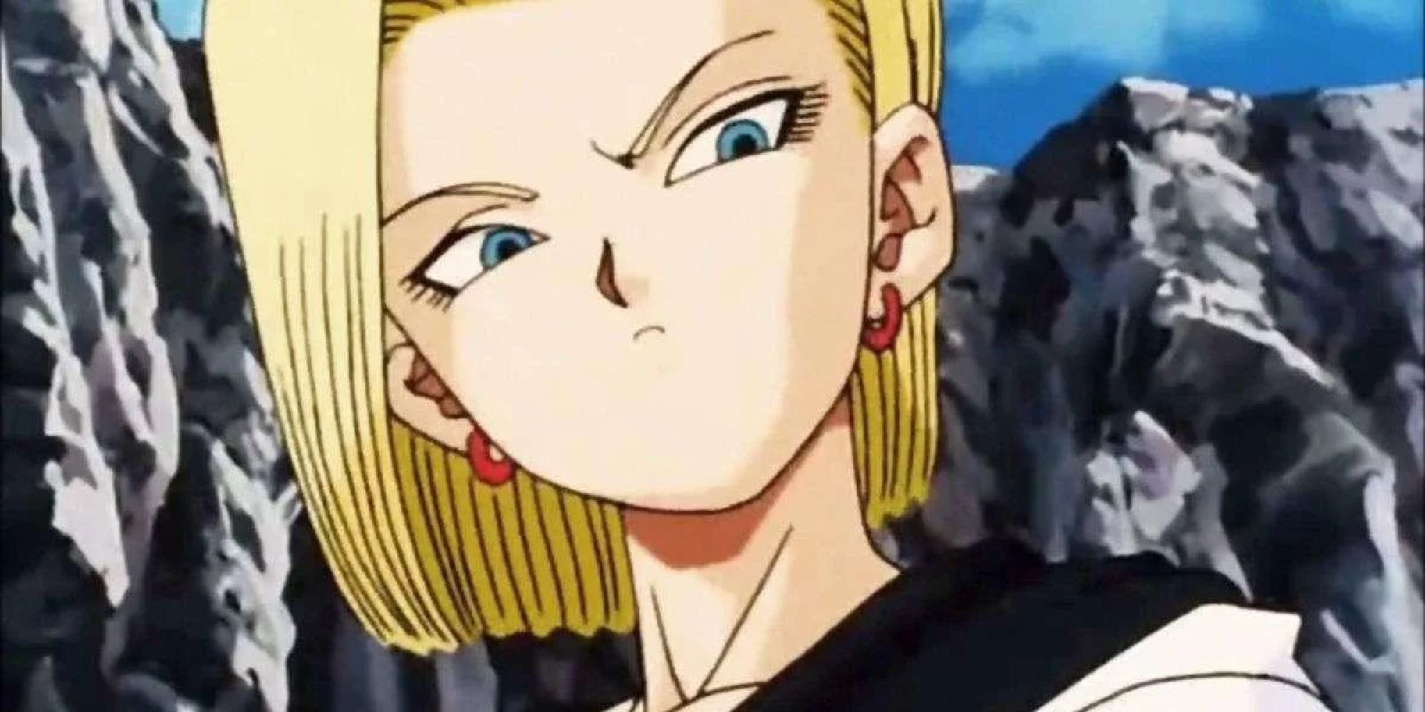 Android 18 glaring downward with a look contempt.