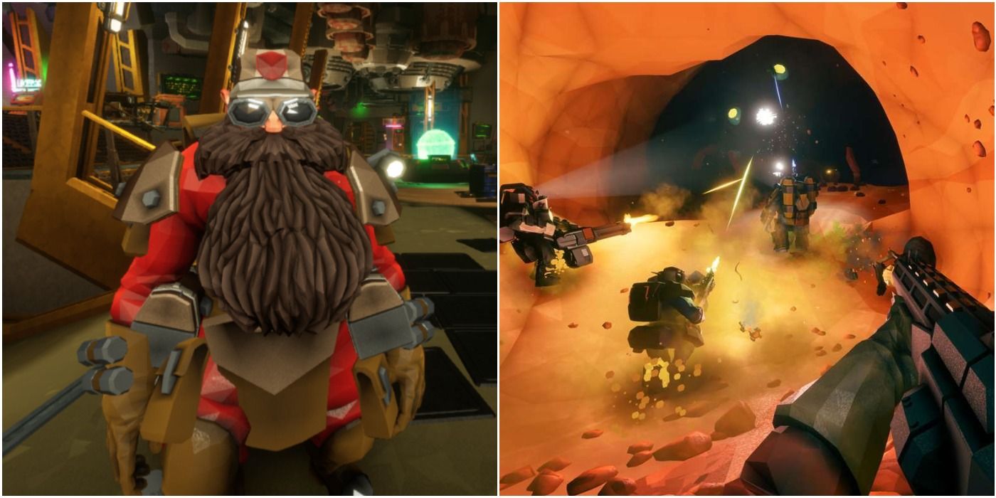 Split image of a dwarf and a cavern in Deep Rock Galactic