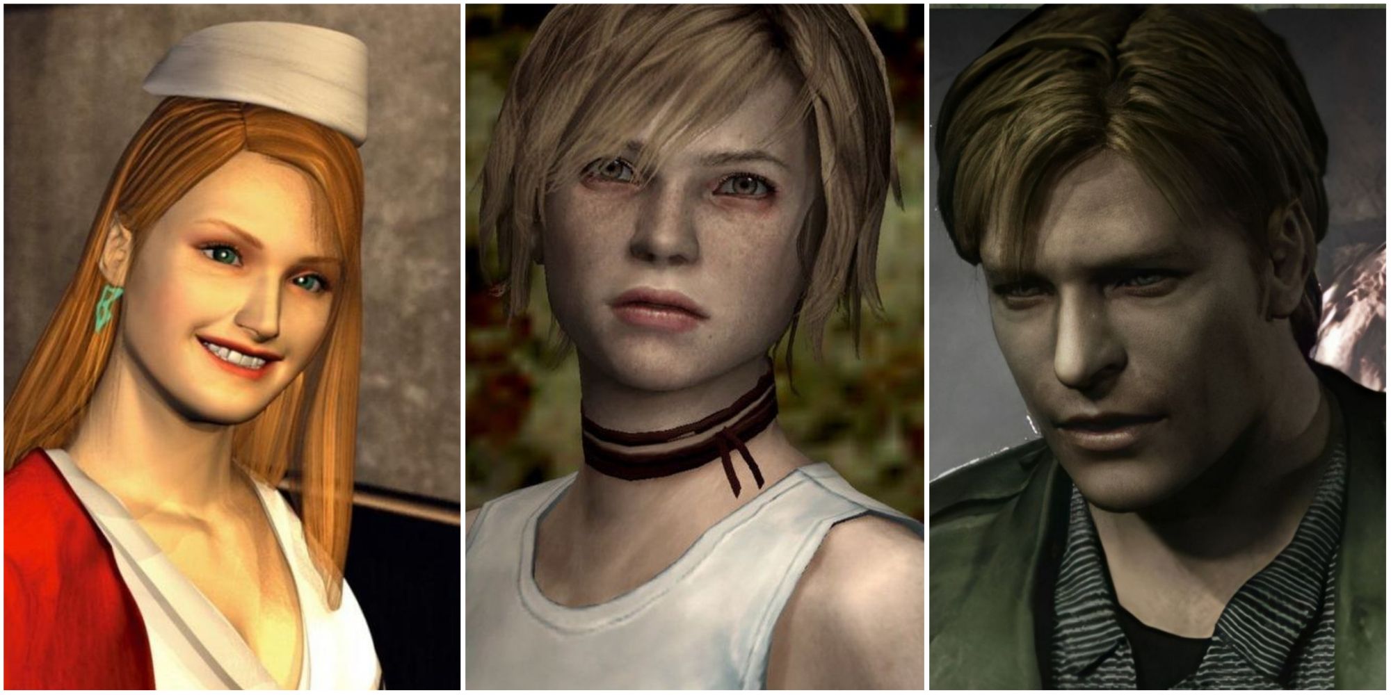 Split image screenshots of Lisa Garland in Silent Hill, Heather Mason in Silent Hill 3, and James Sunderland in Silent Hill 2.